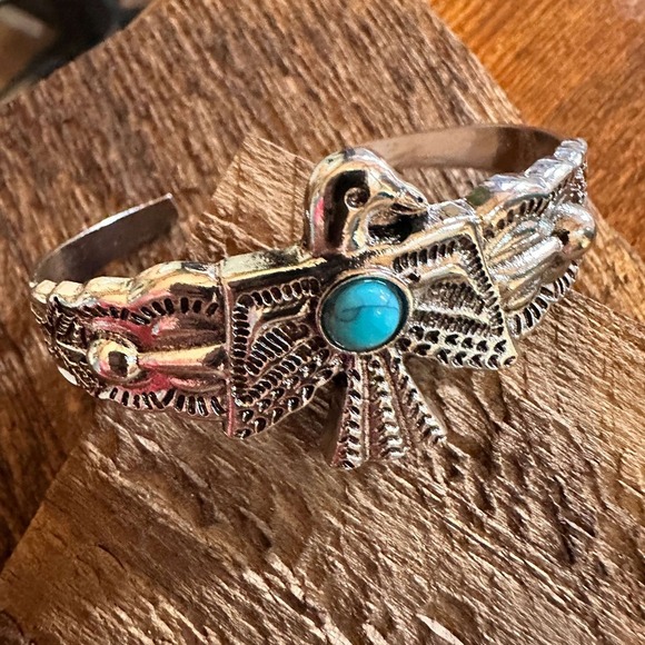 Vintage Bohemian Thunderbird Bangle Bracelet with Turquoise Accent, Gift-Ready - Picture 6 of 10